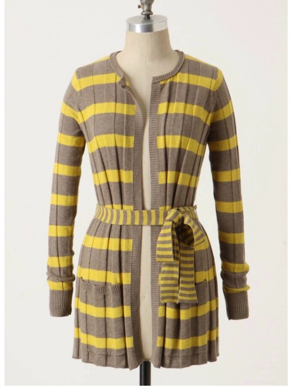 Maple - Anthropologie - Striped Belted Long Cardigan Sweater - Yellow & Taupe
